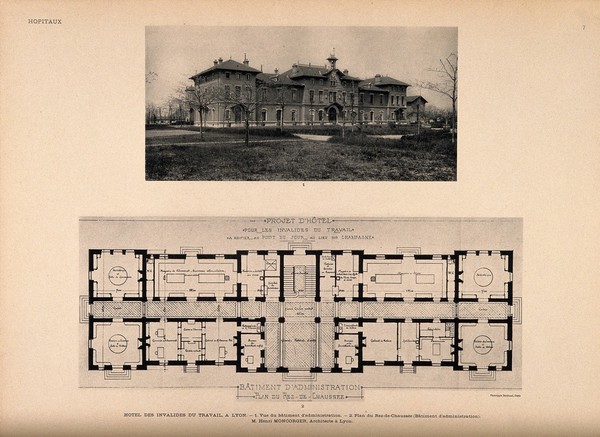 Hotel des Invalides du Travail, Lyon: frontal view and ground plans. Process print, 1913.