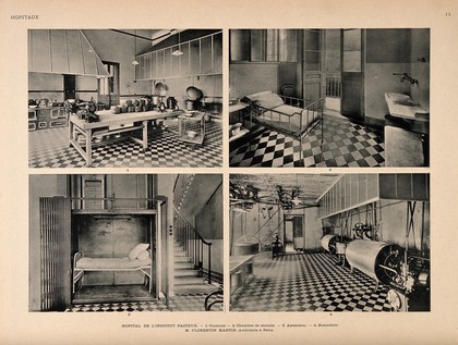 Hôpital de l'Institut Pasteur, Paris: kitchen, hospital room, lift and laundry. Process print, 1913.