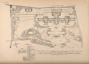 view Hospice Debrousse, Lyon: ground plans. Process print, 1913.