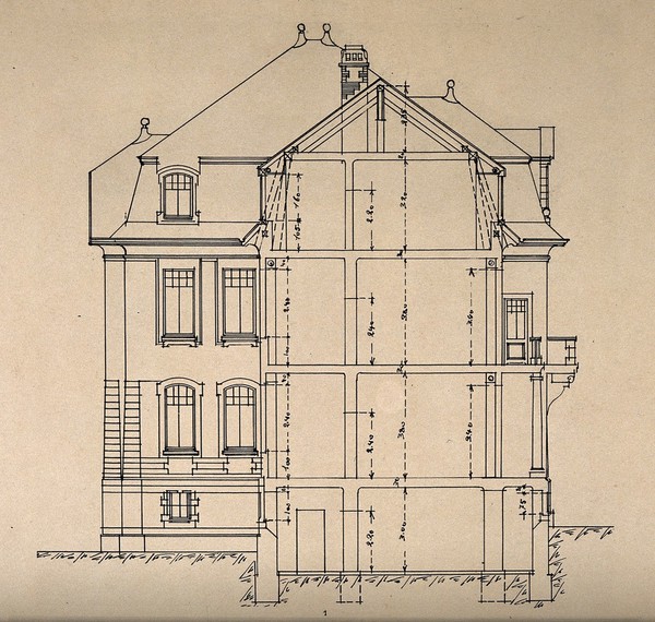 Hôpital d'enfants et dispensaire de Guebwiller, Alsace: cross-section and front entrance. Process print, 1913.
