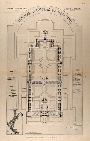 view Sanatorium de Pen-Bron, Loire-Atlantique: general plan. Process print, 1913, after a drawing, 1896.