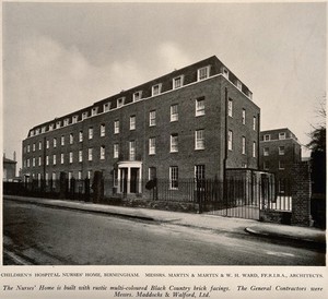 view Birmingham Children's Hospital, the nurses's home: three-quarter view. Process print, 1929.