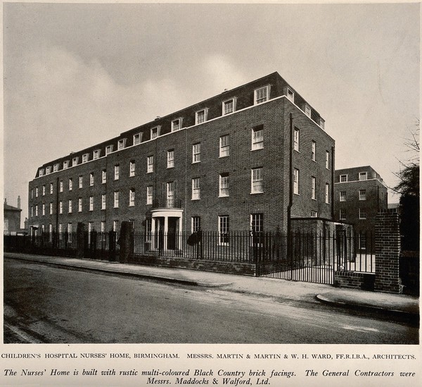 Birmingham Children's Hospital, the nurses's home: three-quarter view. Process print, 1929.