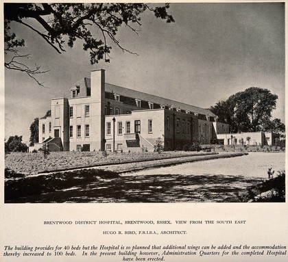 Brentwood District Hospital, Essex: three quarter view. Process print, 1929.