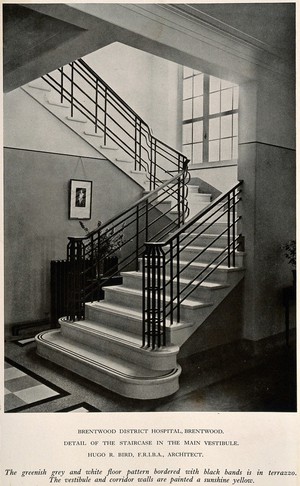 view Brentwood District Hospital, Essex: the staircase. Process print, 1929.