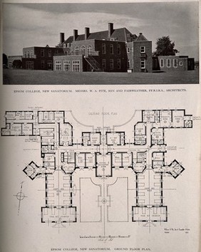 Epsom College Sanatorium: three-quarter view, above, plan, below. Process print, 1930.