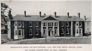 view West Park Mental Hospital, Epsom: view of the facade of the administrative block. Process print, 1926.