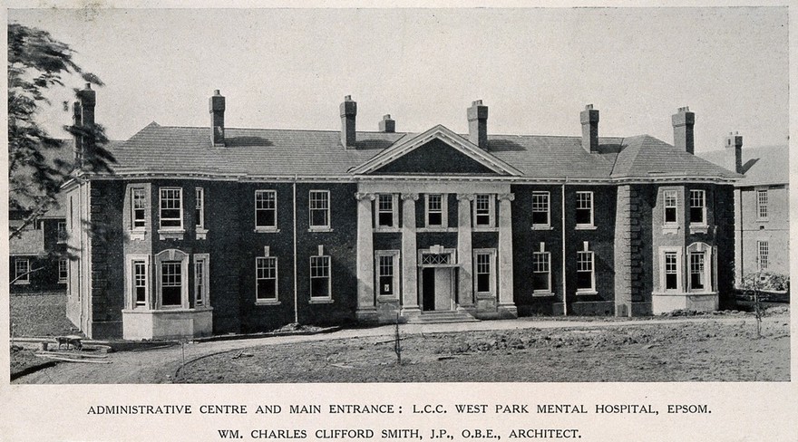West Park Mental Hospital, Epsom: view of the facade of the administrative block. Process print, 1926.