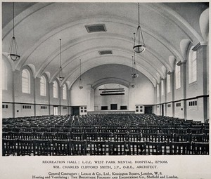 view West Park Mental Hospital, Epsom: a view of the recreation hall. Process print, 1926.