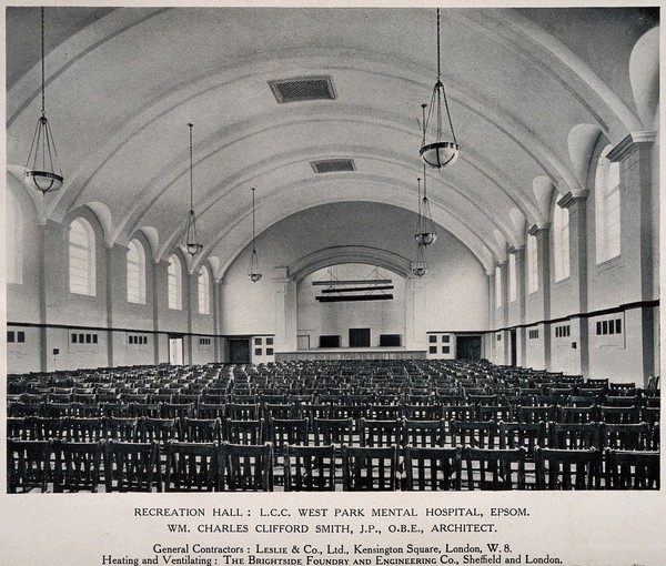 West Park Mental Hospital, Epsom: a view of the recreation hall. Process print, 1926.
