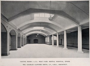 view West Park Mental Hospital, Epsom: a view of the visiting room. Process print, 1926.