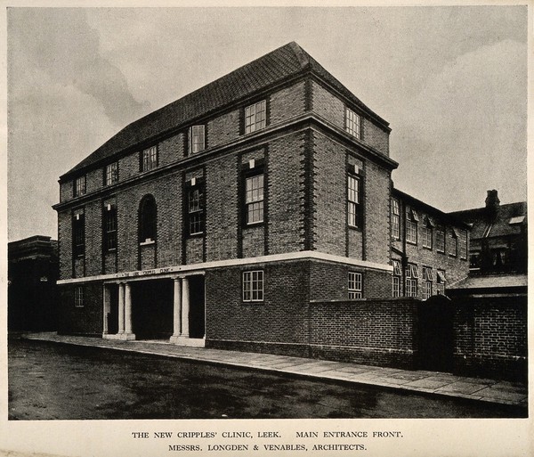 The new Cripples' Clinic, Leek, Staffordshire: three-quarter view of the building. Process print.