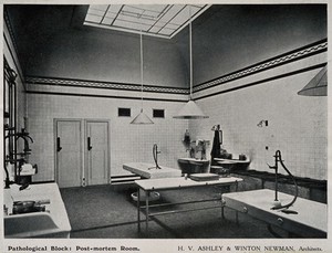 view Royal Free Hospital, London: the interior of the post-mortem room in the pathological block. Process print, 1913.