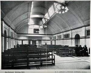 view Royal Free Hospital, London: the interior of the out-patients' waiting hall. Process print, 1913.