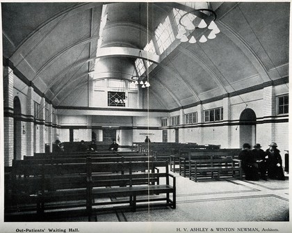 Royal Free Hospital, London: the interior of the out-patients' waiting hall. Process print, 1913.