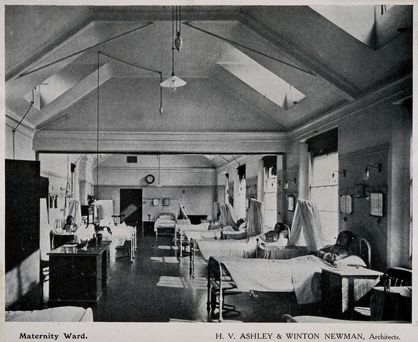 Royal Free Hospital, London: the interior of the maternity ward. Process print, 1913.
