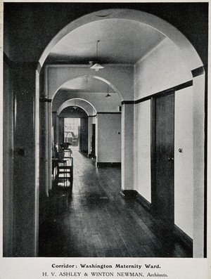 view Royal Free Hospital, London: the corridor to the maternity ward. Process print, 1913.