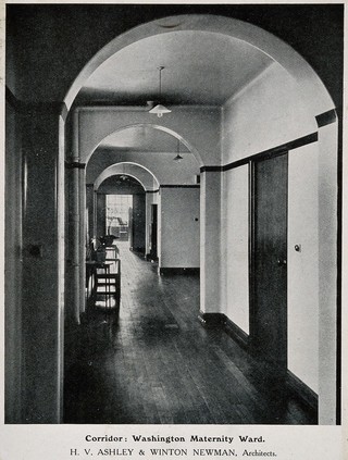 Royal Free Hospital, London: the corridor to the maternity ward. Process print, 1913.