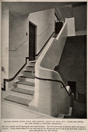 Eastman Dental Hospital, London: a view of the staircase. Process print, 1926.