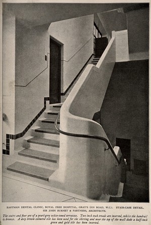 view Eastman Dental Hospital, London: a view of the staircase. Process print, 1926.