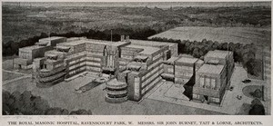 view Royal Masonic Hospital, London: aerial perspective of the whole scheme. Process print after C.A. Farey, 1933.