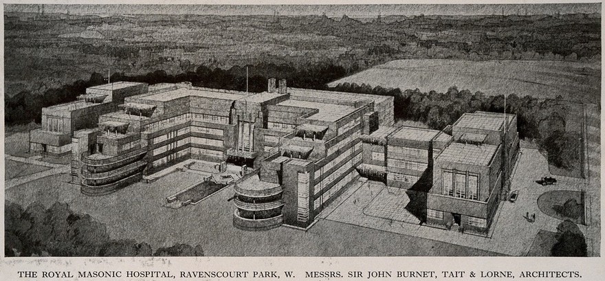 Royal Masonic Hospital, London: aerial perspective of the whole scheme. Process print after C.A. Farey, 1933.