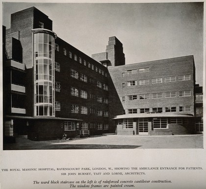 Royal Masonic Hospital, London: three-quarter view of the ambulance entrance to the ward block. Process print, 1933.