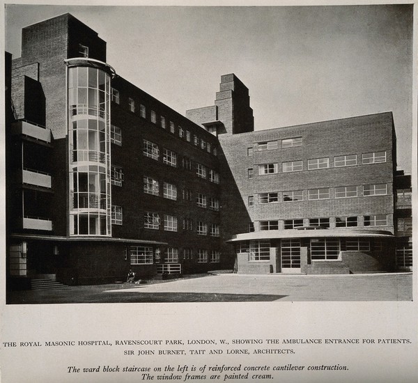 Royal Masonic Hospital, London: three-quarter view of the ambulance entrance to the ward block. Process print, 1933.
