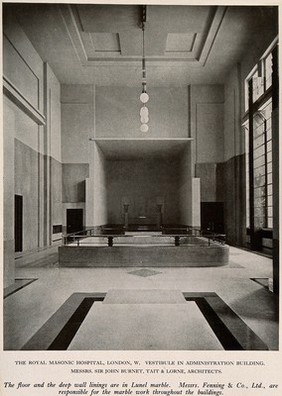 Royal Masonic Hospital, London: the upper vestibule in the administration block. Process print, 1933.