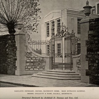 Radcliffe Infirmary, Oxford: the gates of the maternity home. Process print, 1929.