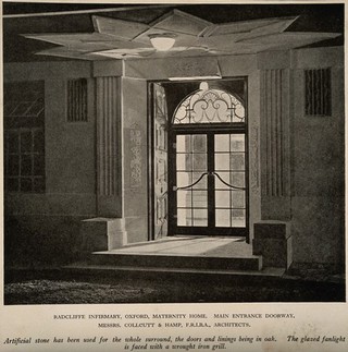 Radcliffe Infirmary, Oxford: the doorway of the maternity home at night. Process print, 1929.