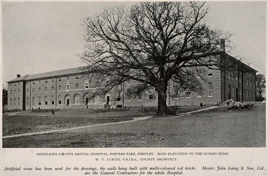 Middlesex County Mental Hospital, Porters Park, Shenley: main elevation to the nurses home. Process print, 1926.