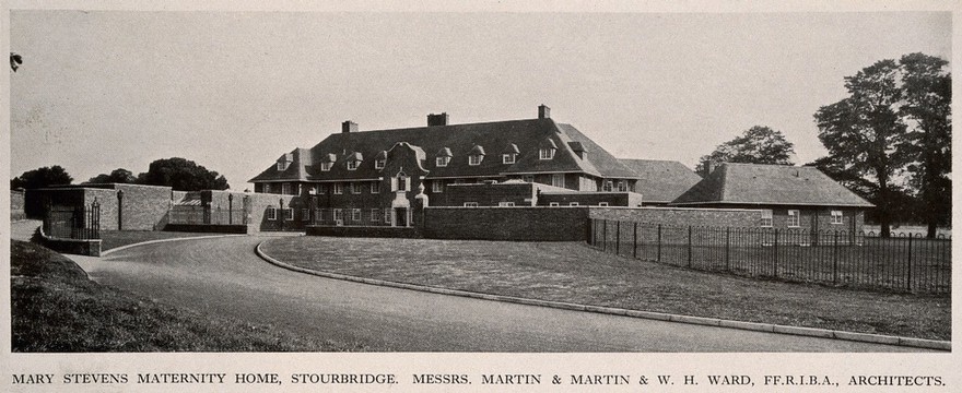 Mary Stevens Maternity Home, Stourbridge, Worcestershire: the entrance front. Process print, 1929.