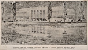 view Sherwood Park Spa, Tunbridge Wells: perspective of the concert hall and treatment block. Process print, 1932.