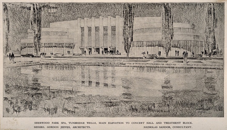Sherwood Park Spa, Tunbridge Wells: perspective of the concert hall and treatment block. Process print, 1932.