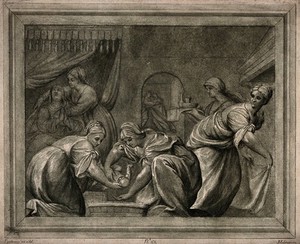 view The birth of the Virgin (?) amidst much celebration. Colour engraving by S. Mulinari after G. Pordenone.