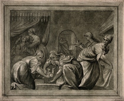 The birth of the Virgin (?) amidst much celebration. Colour engraving by S. Mulinari after G. Pordenone.