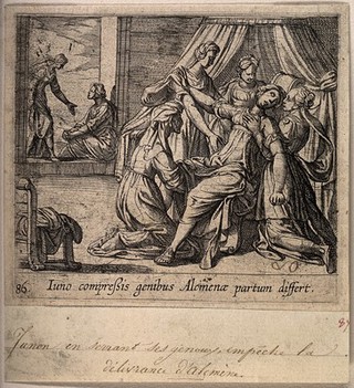 Alcmene giving birth to Hercules: Juno, jealous of the child, attempts to delay the birth. Engraving by A. Tempesta, 1606.