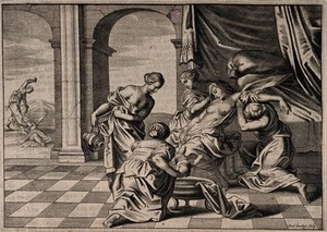 view Alcmene giving birth to Hercules surrounded by attendants: in the background a woman is hitting another over the head with a stone. Line engraving by F. Bouttats the younger.