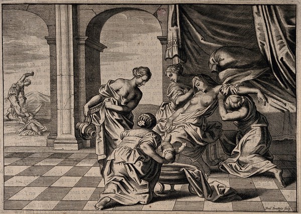 Alcmene giving birth to Hercules surrounded by attendants: in the background a woman is hitting another over the head with a stone. Line engraving by F. Bouttats the younger.