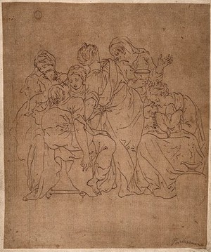 view An exhausted woman being held by friends after just giving birth to twins. Pen drawing after G.F.M. Mazzola, il Parmigianino.