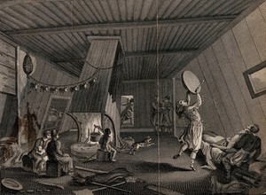 view A shaman banging a drum and dancing to invoke spirits to cure a sick man. Engraving by S. Davenport.