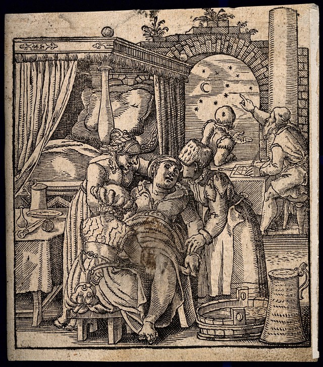 A Seated Woman Giving Birth Aided By A Midwife And Two Other Attendants 