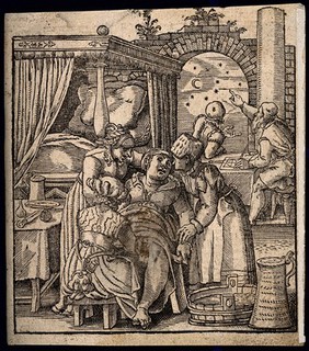 A seated woman giving birth aided by a midwife and two other attendants, in the background two men are looking at the stars and plotting a horoscope. Woodcut, 1583[?].