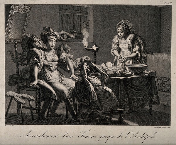 A seated Greek woman on an obstetrical stool being held in position by her husband while giving birth aided by a midwife, another attendant dresses the first baby. Line engraving by A. Tardieu after N. Maréchal.