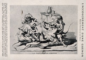 view A monkey (dressed as a human being) giving birth to a baby monkey aided by a midwife and two attendants. Reproduction of an engraving.