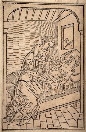 A baby being removed from its dying mother's womb via Caesarean section. Reproduction of woodcut, 1483.