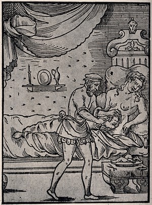 view A surgeon performing a Caesarean operation on an agonized woman who had apparently been carrying a dead baby in her womb for five years. Reproduction, 1933, of a woodcut, 1560.