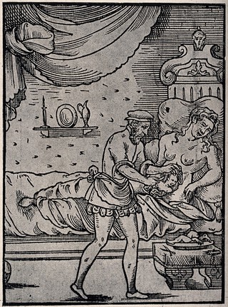 A surgeon performing a Caesarean operation on an agonized woman who had apparently been carrying a dead baby in her womb for five years. Reproduction, 1933, of a woodcut, 1560.