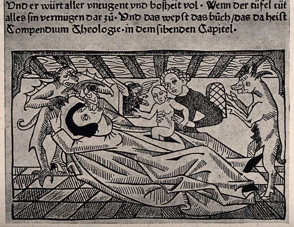The birth of the Antichrist from a dying woman via a Caesarean operation. Reproduction, 1933, of a woodcut, 1475.